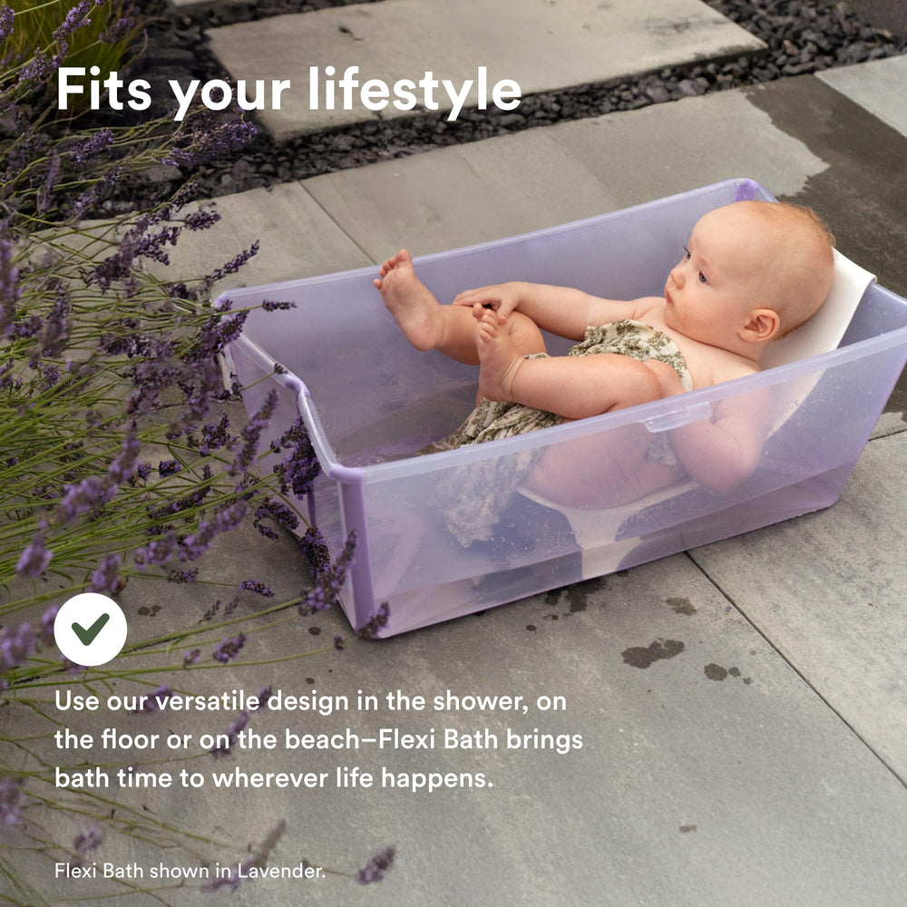 Stokke Flexi Bath folds flat for compact storage between uses.