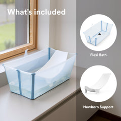 Stokke Flexi Bath with newborn support adds comfort for tiny newborn baths.