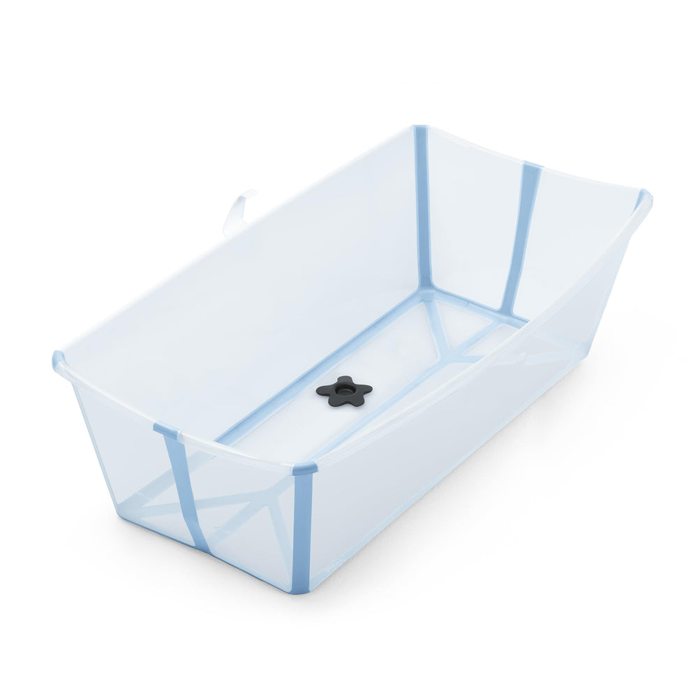 Stokke Flexi Bath X-Large Ocean Blue folded for compact storage and travel convenience.