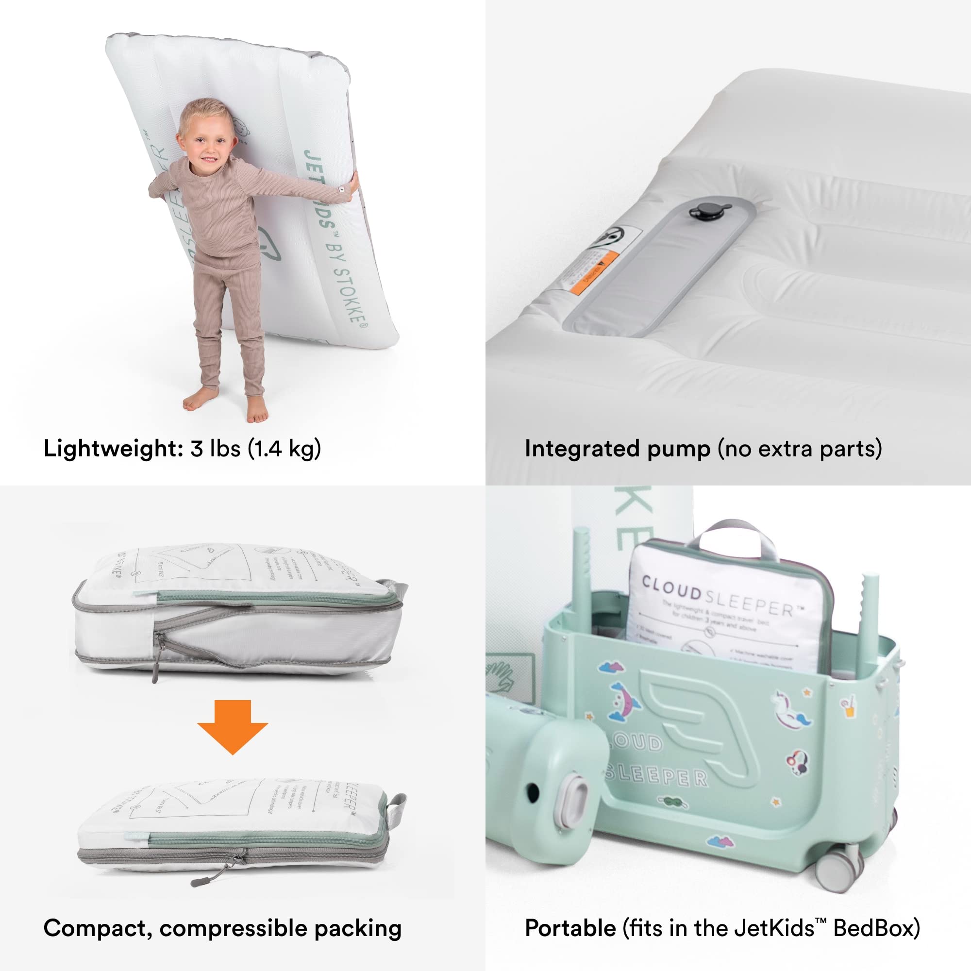 Stokke CloudSleeper packs compactly with included packing cube for travel.