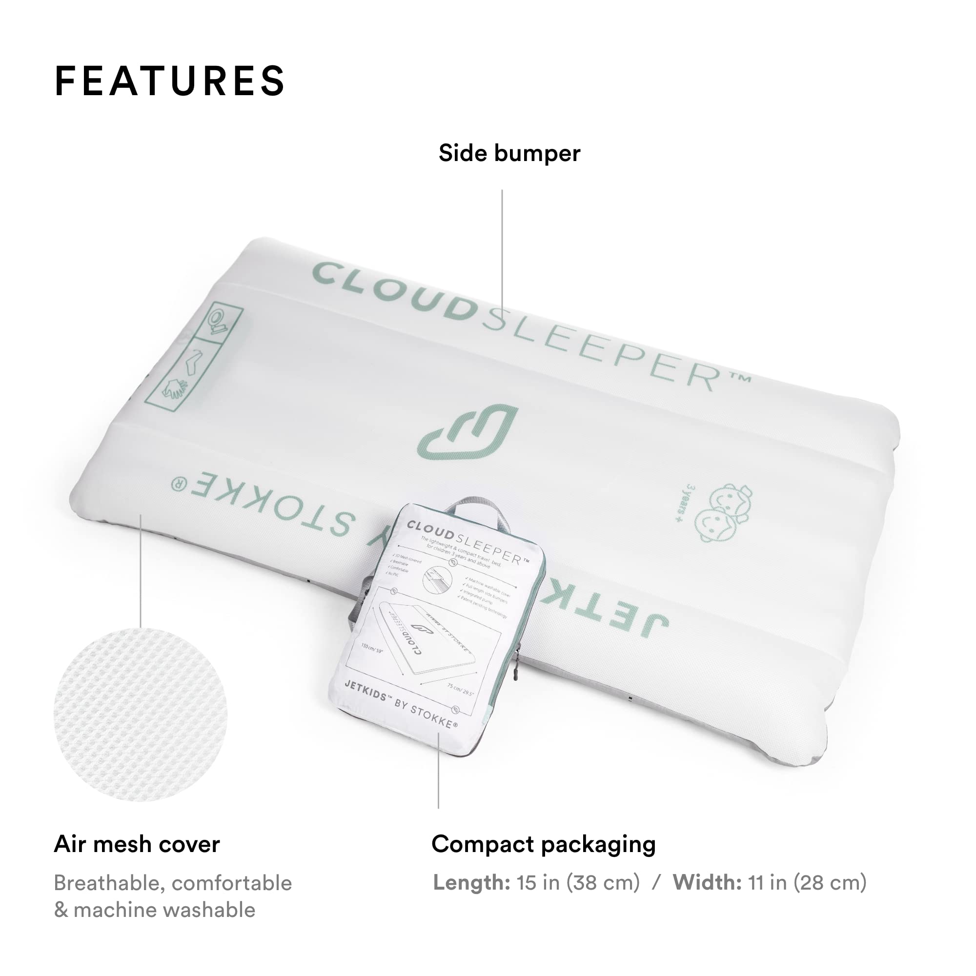 Stokke JetKids CloudSleeper integrated pump enabling quick inflation.