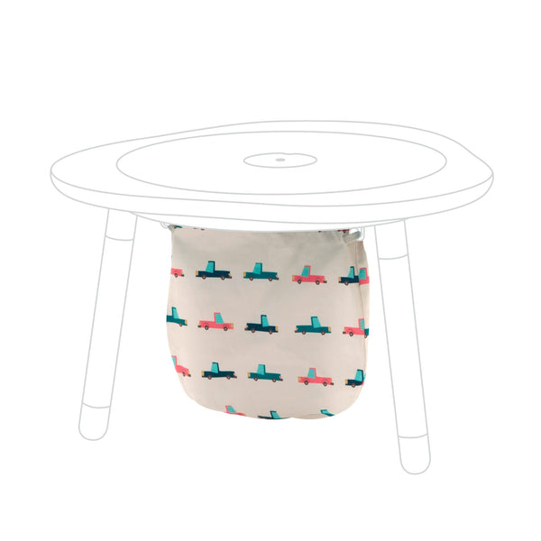Stokke MuTable Cotton Bag with Cars motif close-up for tidy toy storage.
