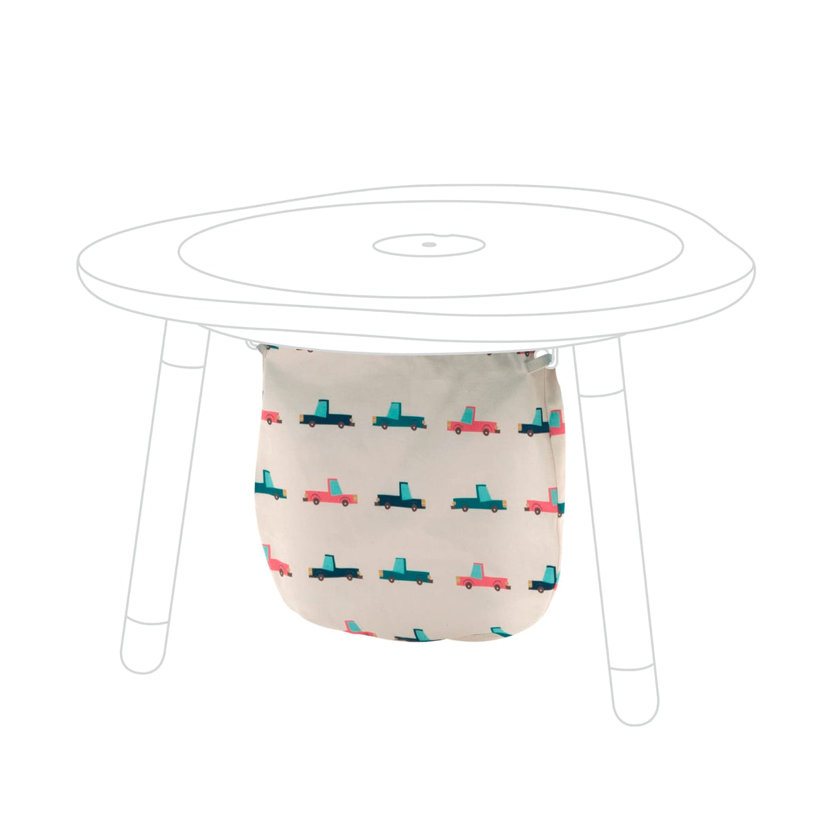 Stokke MuTable Cotton Bag with Cars motif close-up for tidy toy storage.