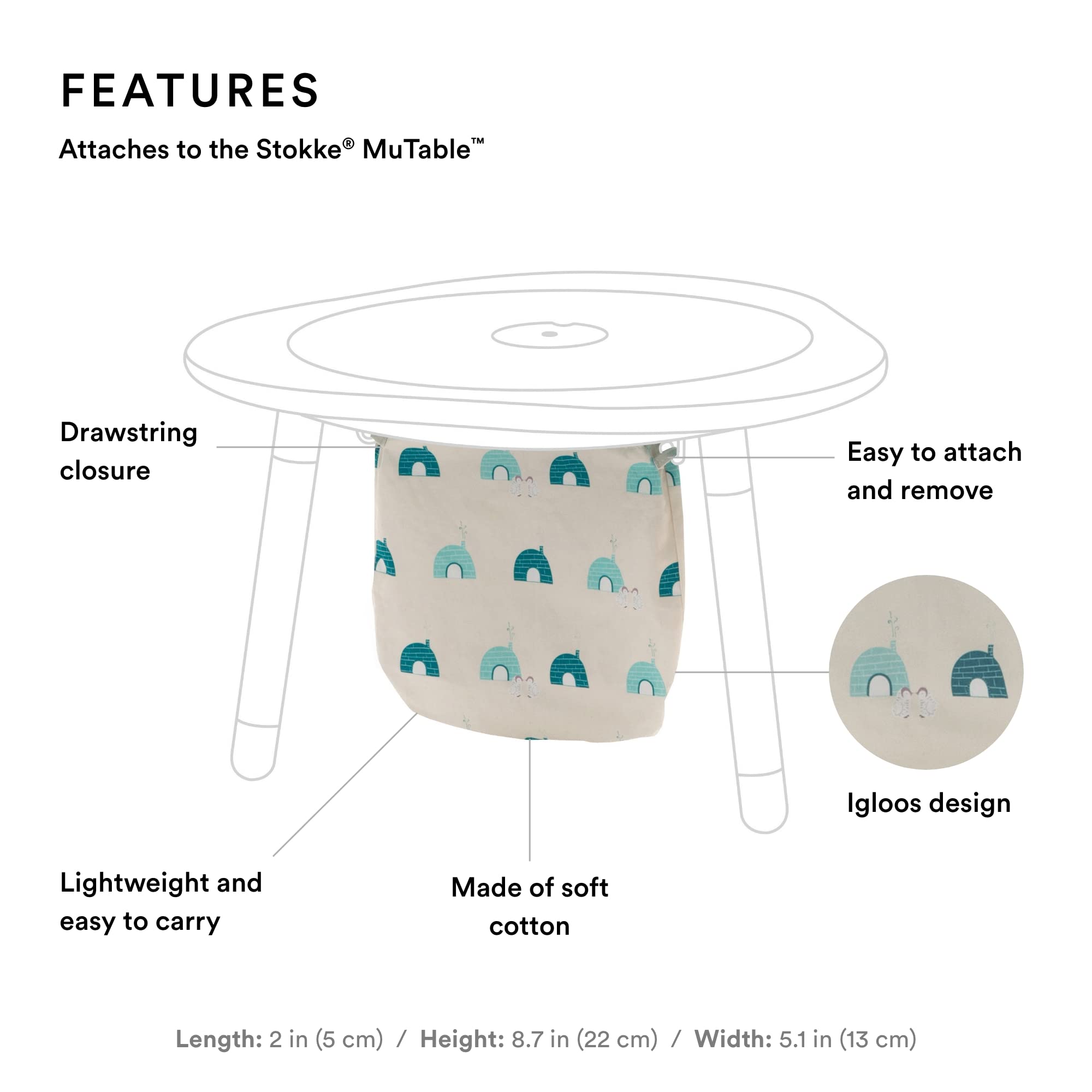 Stokke MuTable bag shows drawstring closure for mess-free cleanup.