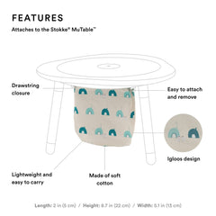 Stokke MuTable bag shows drawstring closure for mess-free cleanup.