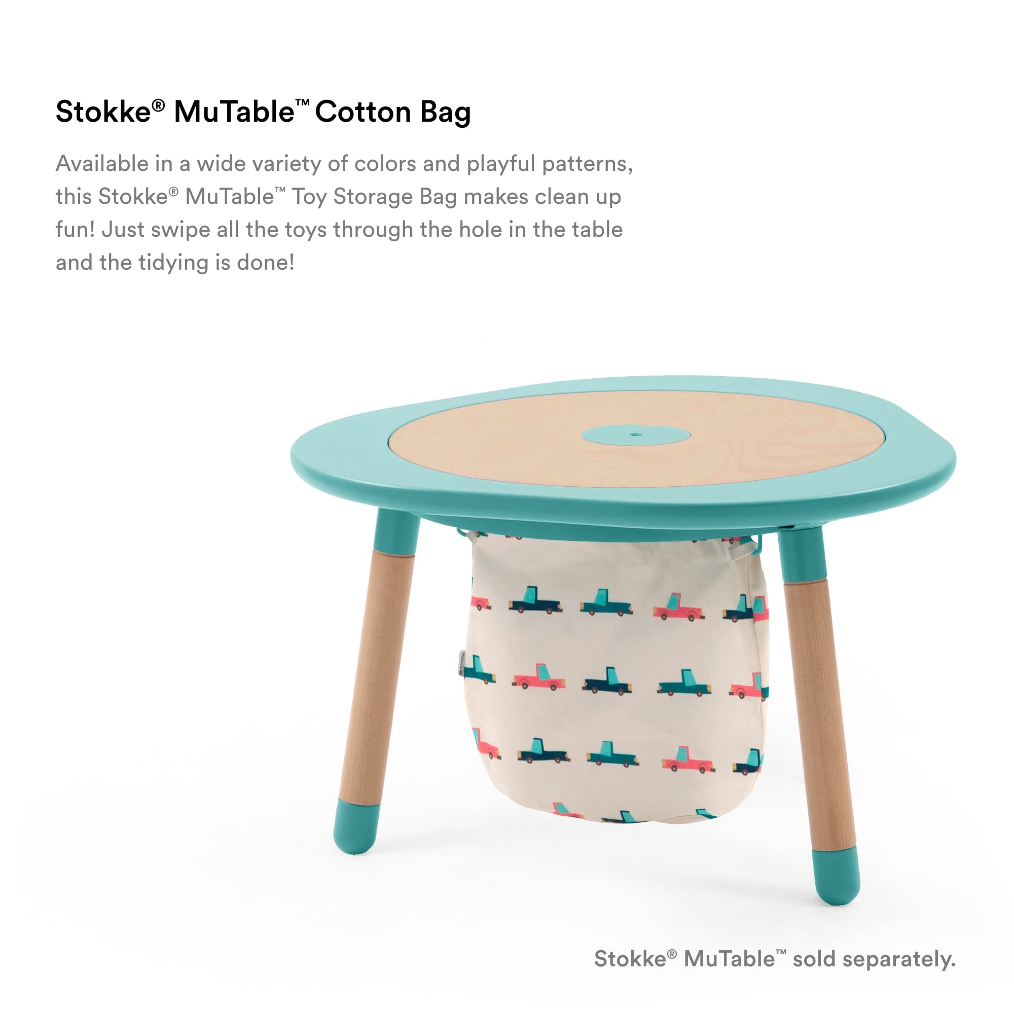 Stokke MuTable Cotton Bag open with drawstring ready to collect toys.