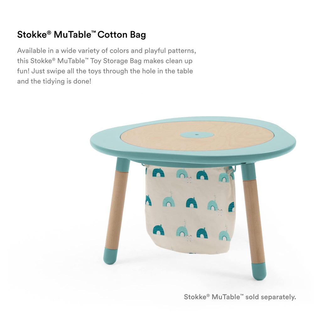 Stokke MuTable Cotton Bag under table for quick sweeps.