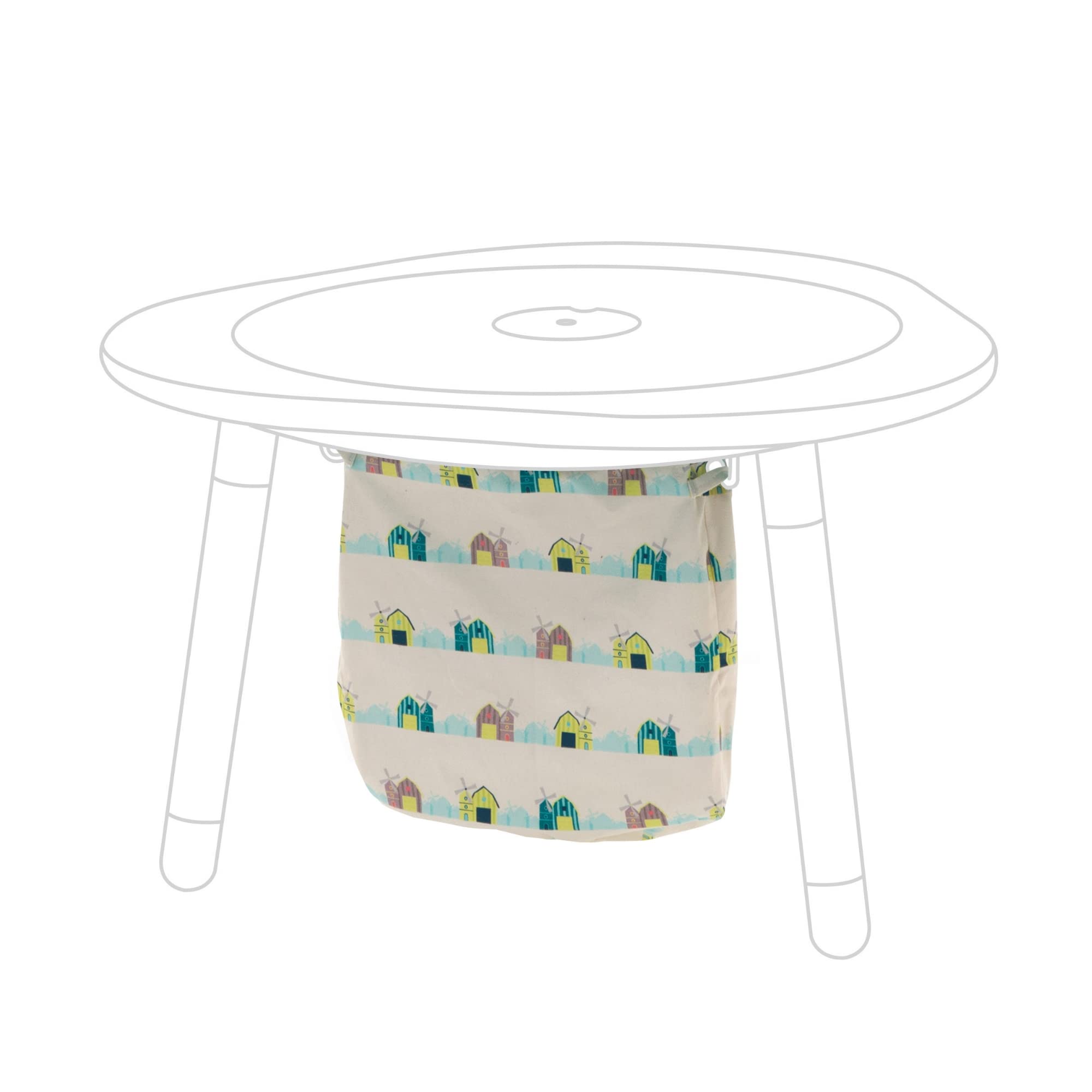 Stokke MuTable cotton bag with windmills keeps toys organized and play area tidy.