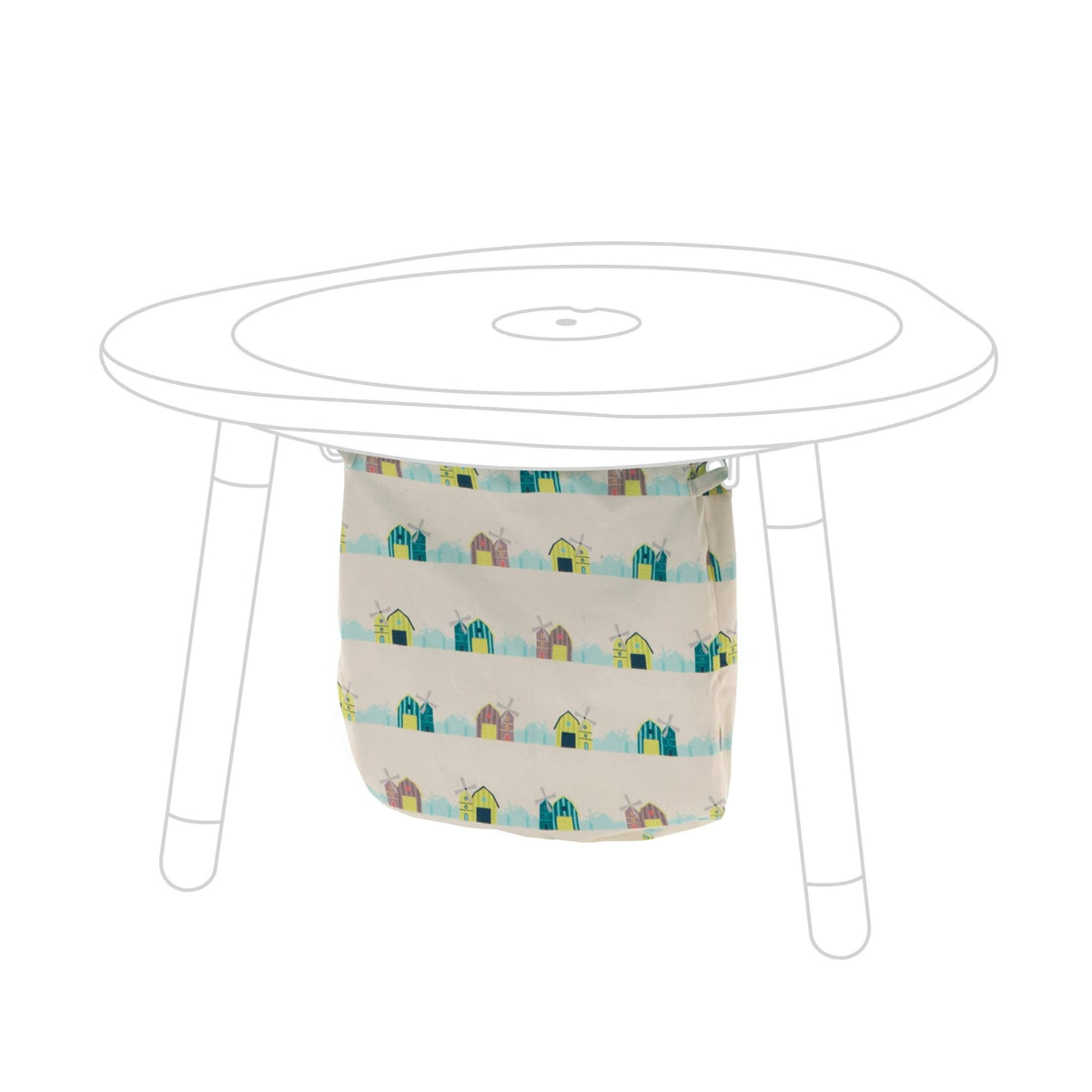 Stokke MuTable cotton bag with windmills keeps toys organized and play area tidy.