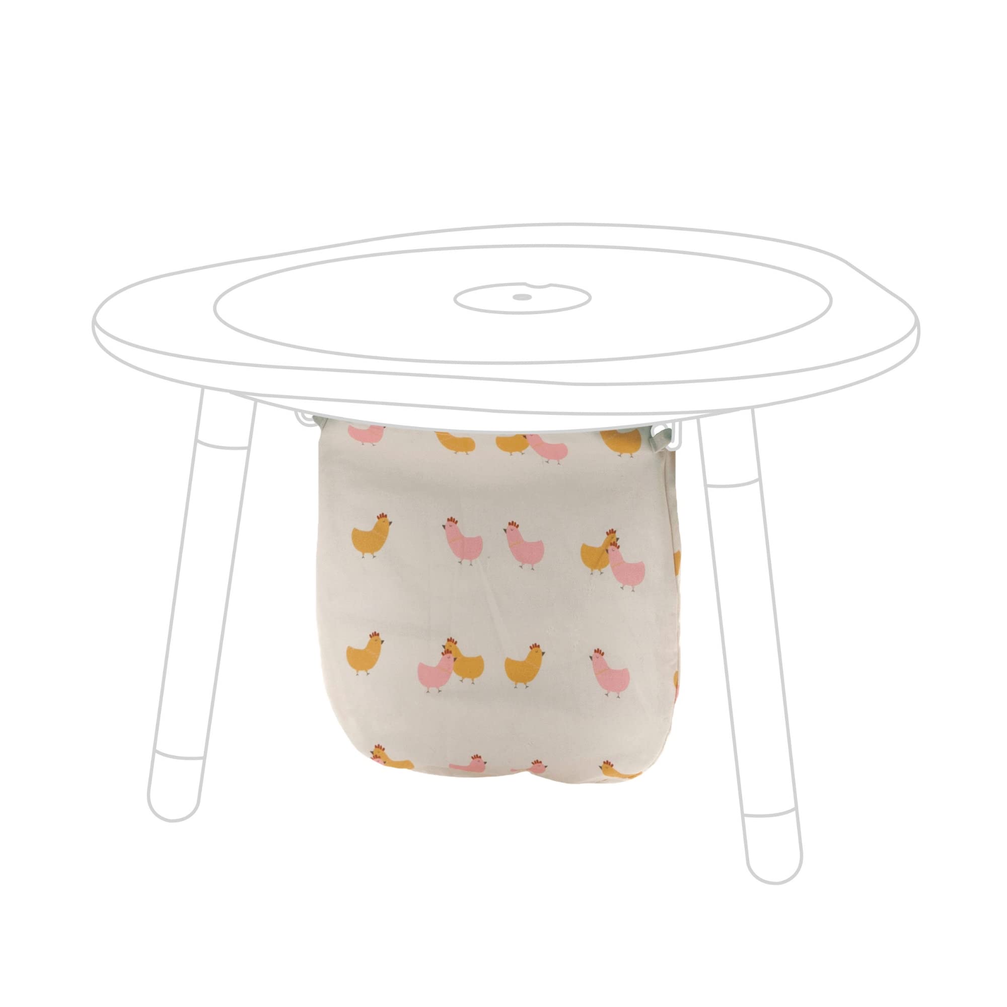 Stokke MuTable Cotton Bag with Chicks pattern attached to hooks for tidy toy storage.