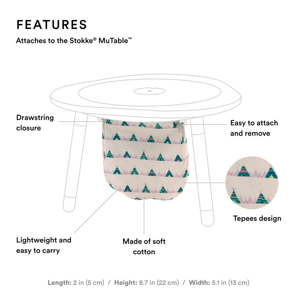 Stokke MuTable bag attached under the table for easy cleanup