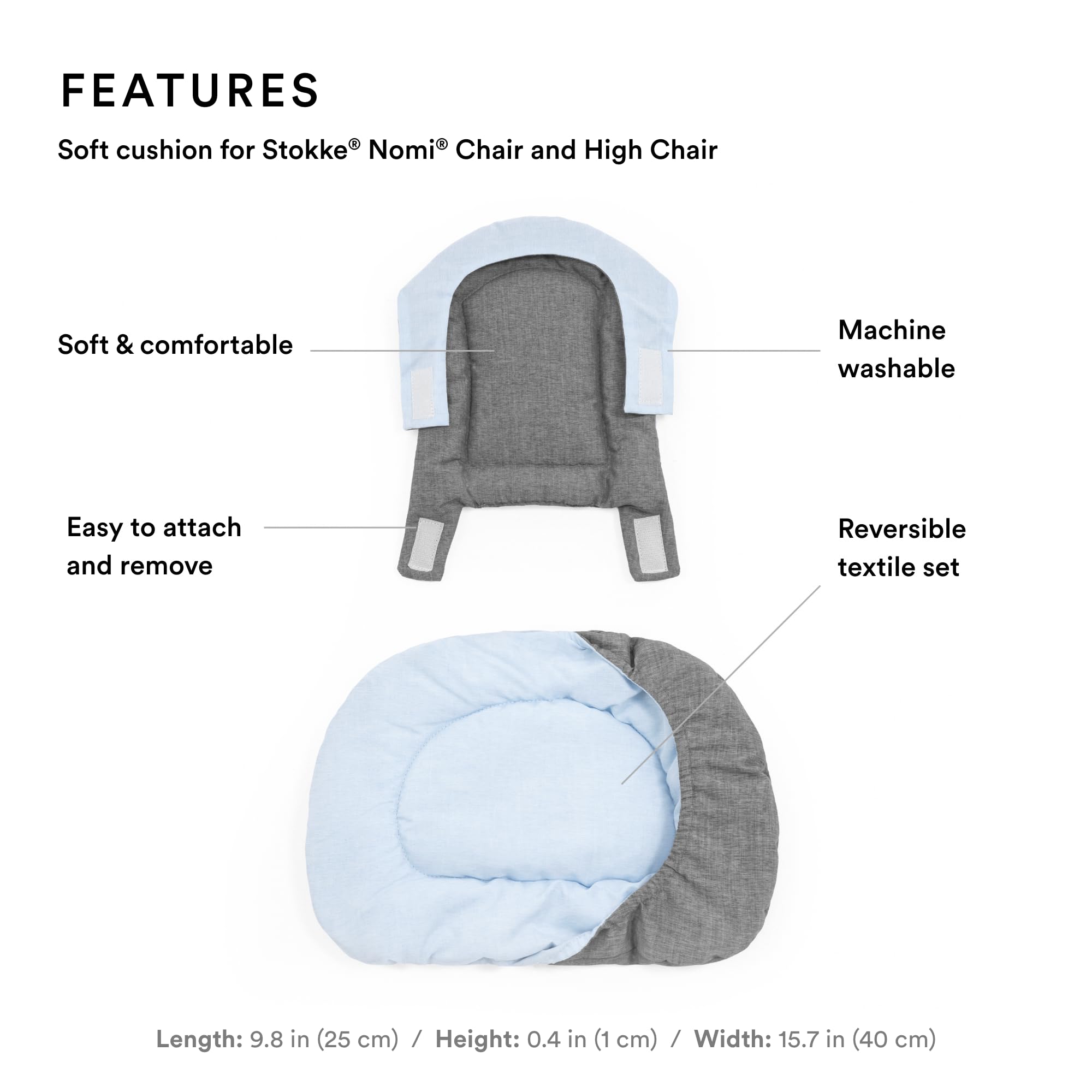 Stokke Nomi Cushion Grey Blue showing reversible design for two looks