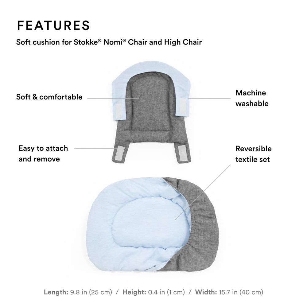Stokke Nomi Cushion Grey Blue showing reversible design for two looks