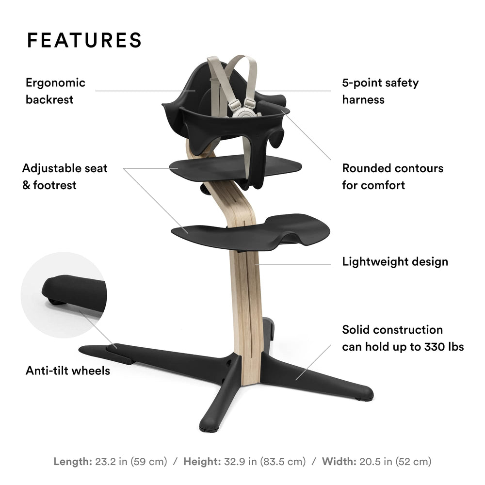 Stokke Nomi high chair highlighting seamless tool-free height adjustment.