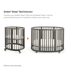 Stokke Sleepi Bed Extension V2 in use to transform a mini crib into a larger sleeping space.