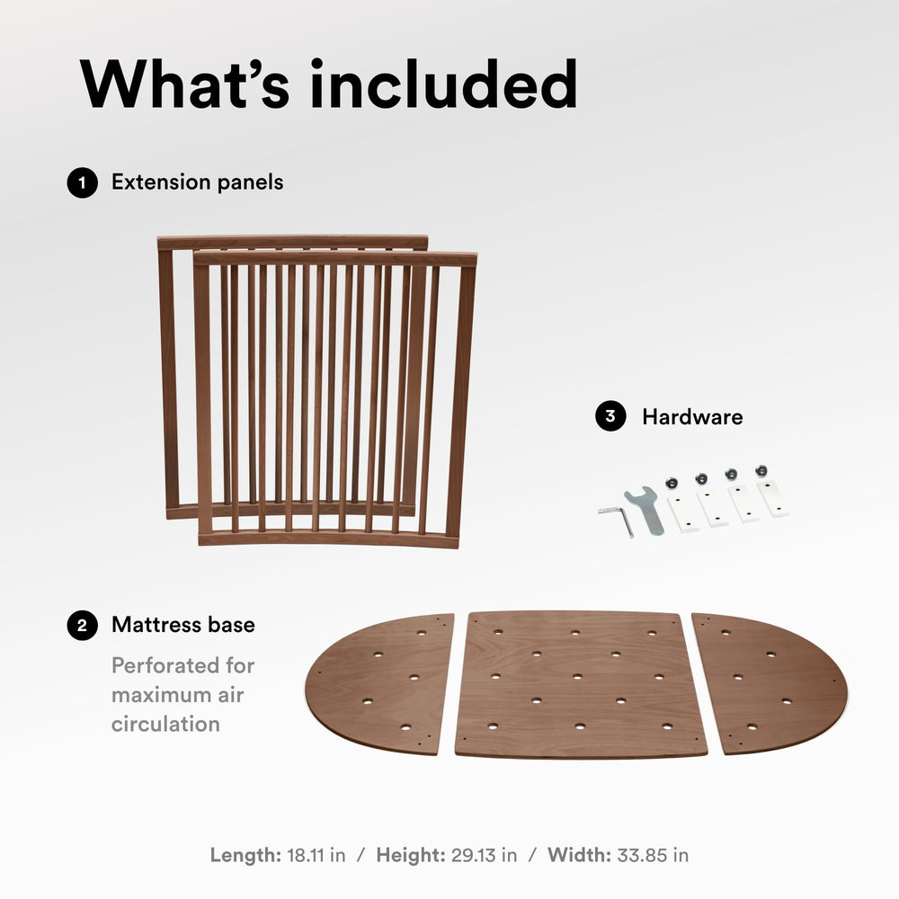 Stokke Sleepi Bed Extension V3 warm brown side view highlights seamless integration with existing crib.