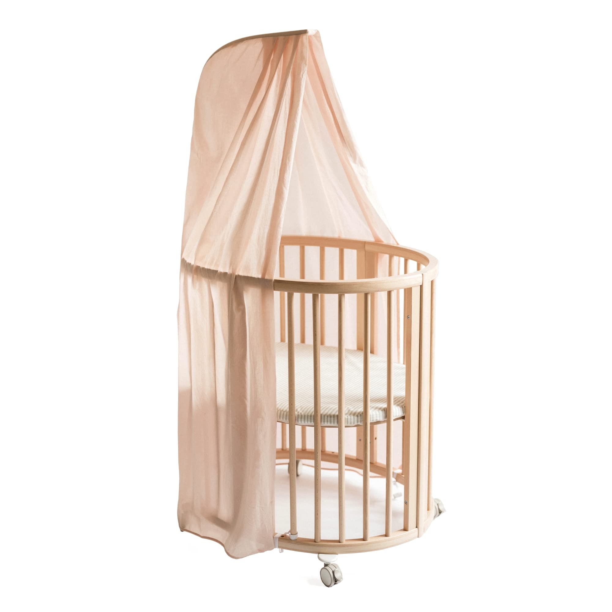 Stokke Sleepi Canopy by Pehr V3 blush closeup showing soft fabric blocks light for restful naps