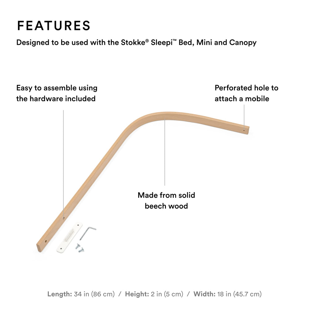 Stokke Sleepi Drape Rod V3 natural end mobiles hang, providing visual interest for baby.