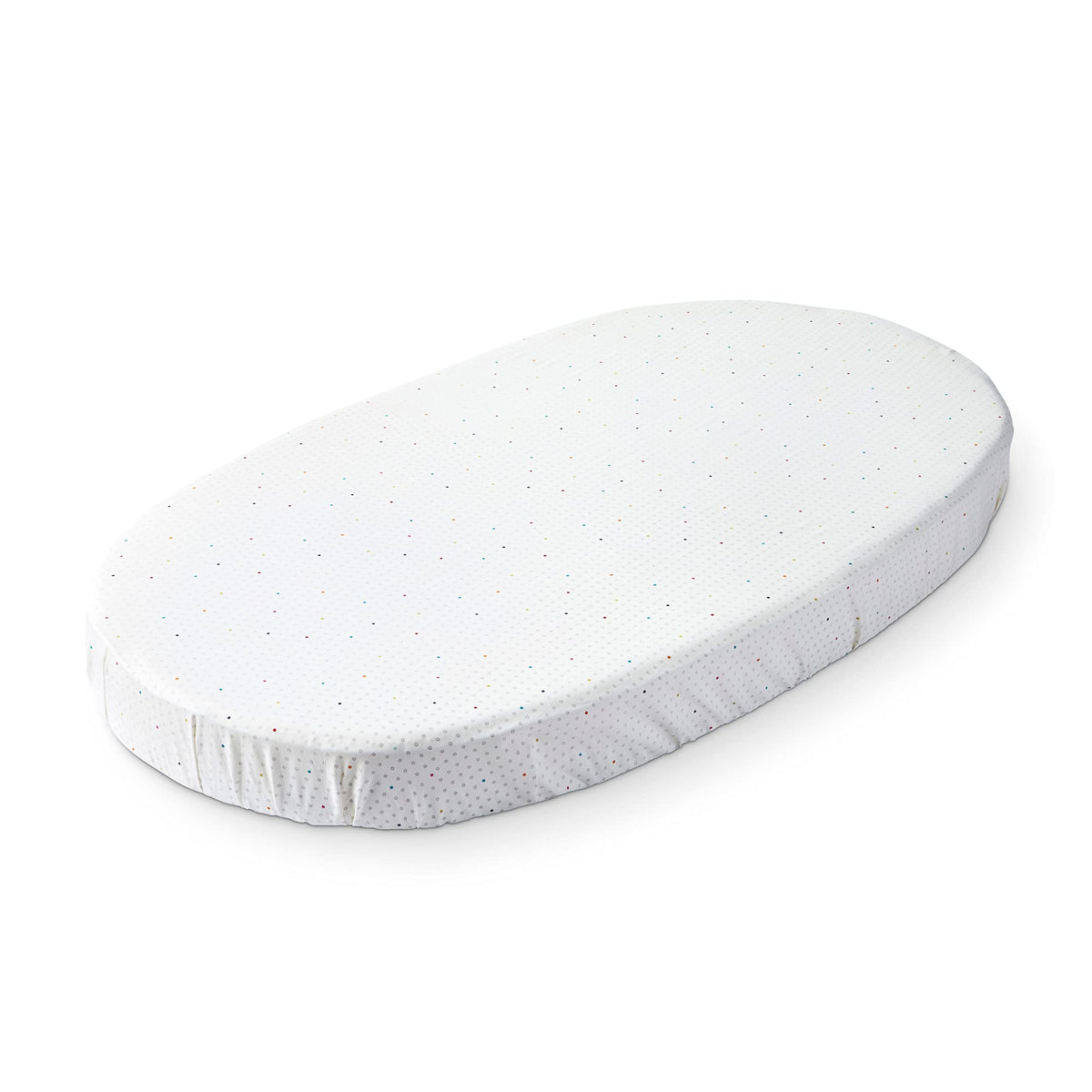 Stokke Sleepi fitted sheet rainbow dot close-up showing soft organic cotton for gentle sleep.