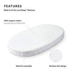 Stokke Sleepi fitted sheet rainbow dot nursery shot with vibrant pattern for a cozy nursery.