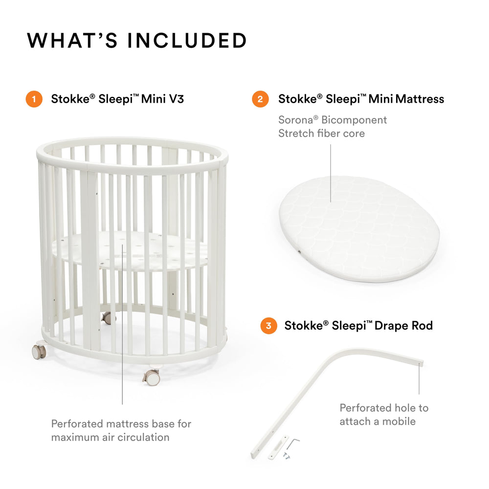 Stokke Sleepi Mini Bundle White drape rod shows canopy-ready decor option.
