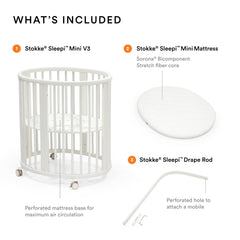 Stokke Sleepi Mini Bundle White drape rod shows canopy-ready decor option.
