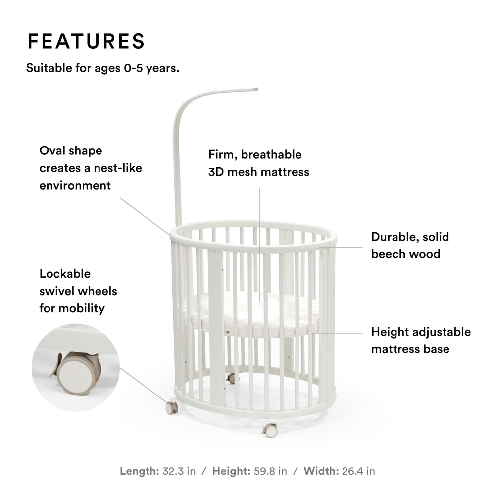 Stokke Sleepi Mini Bundle White mattress highlights airflow and firm support.