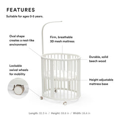 Stokke Sleepi Mini Bundle White mattress highlights airflow and firm support.
