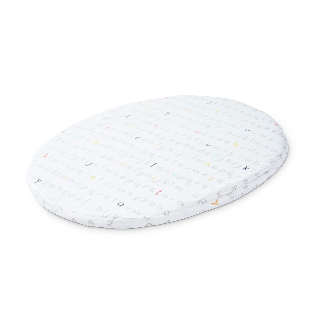 Stokke Sleepi Mini fitted sheet by Pehr V2 in Rainbow Alphabet Lines, gentle for baby's skin.