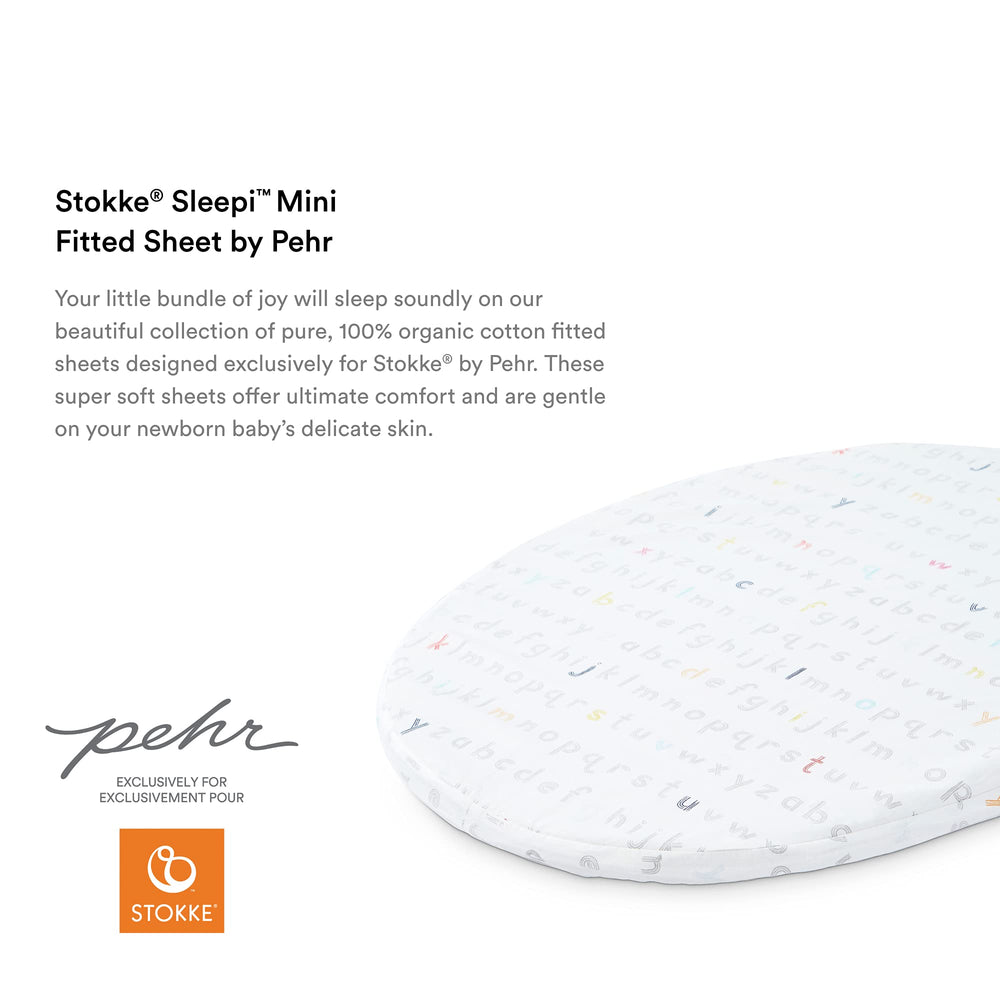 Stokke Sleepi Mini fitted sheet with Stork pattern adds charming nursery decor and comfort.
