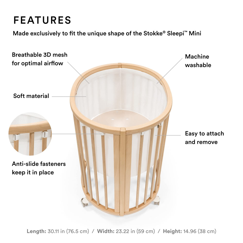 Stokke Sleepi Mini Mesh Liner V3 closeup highlighting breathable 3D mesh for airflow.