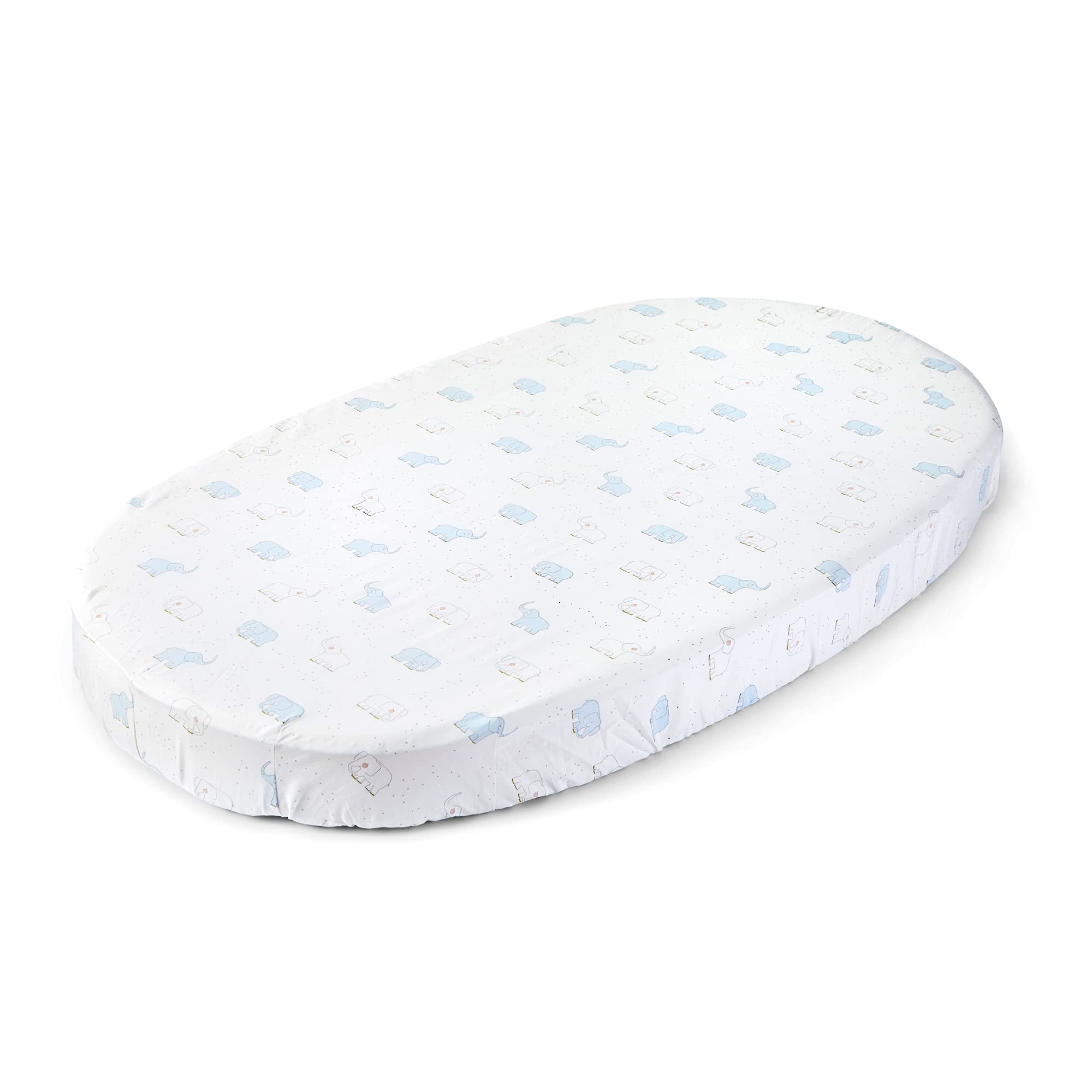 Stokke Sleepi Pehr V2 elephant pattern fitted sheet offers cozy softness for naps.