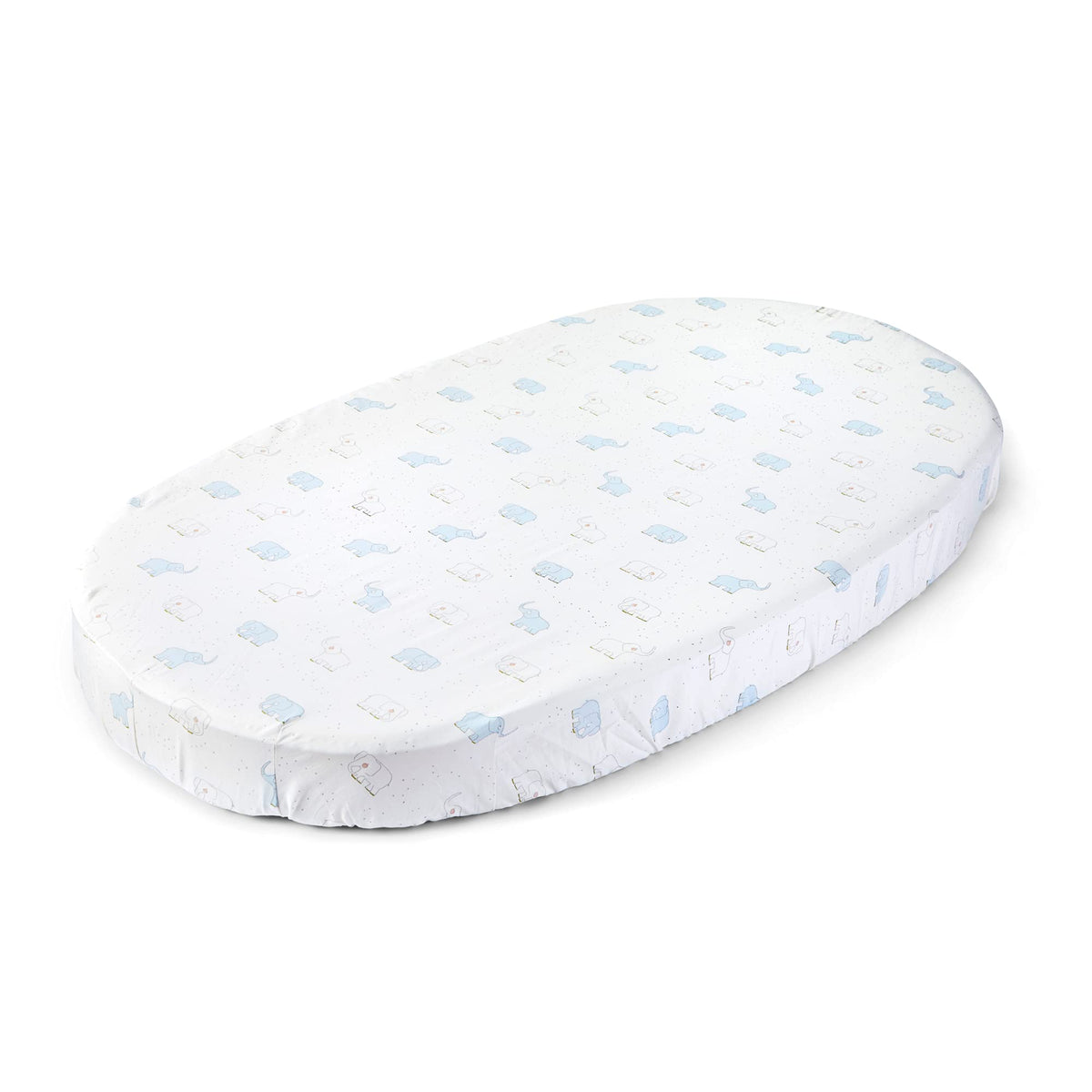 Stokke Sleepi Pehr V2 elephant pattern fitted sheet offers cozy softness for naps.