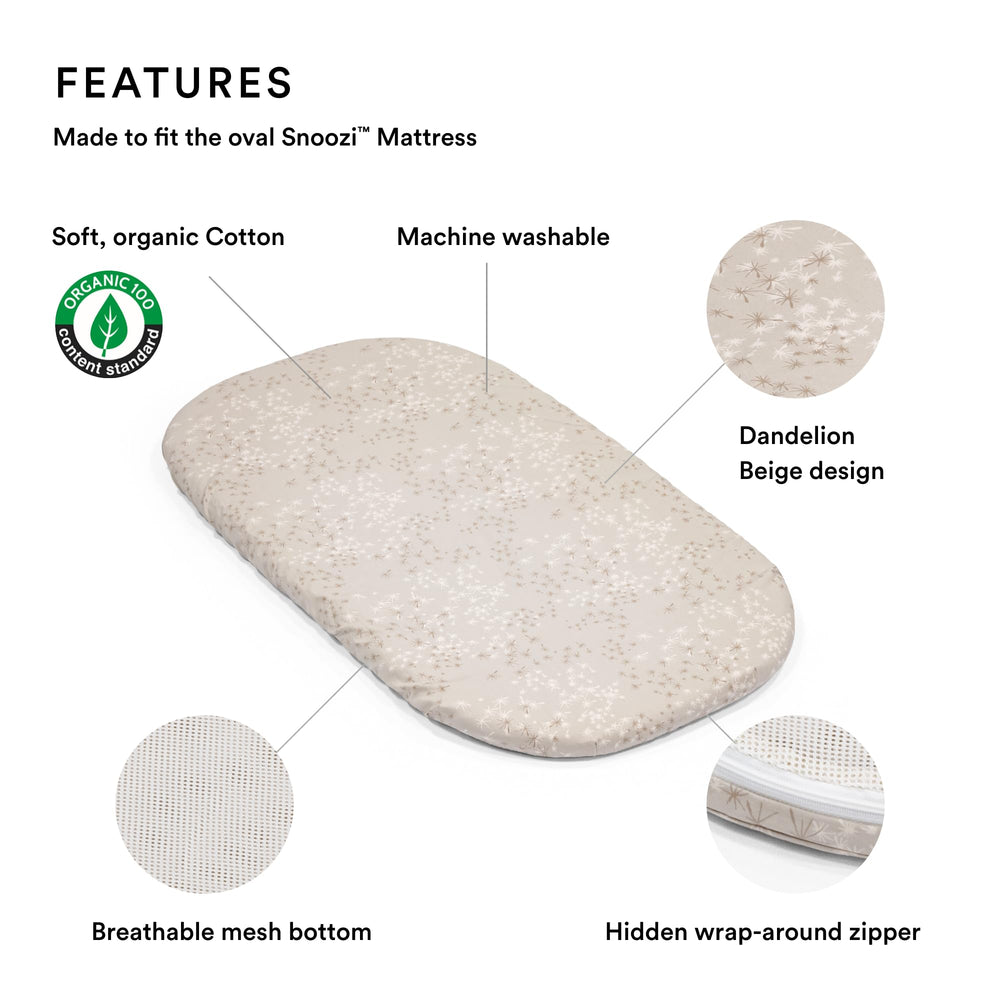 Stokke Snoozi Dandelion Beige sheet on oval mattress for soothing newborn sleep