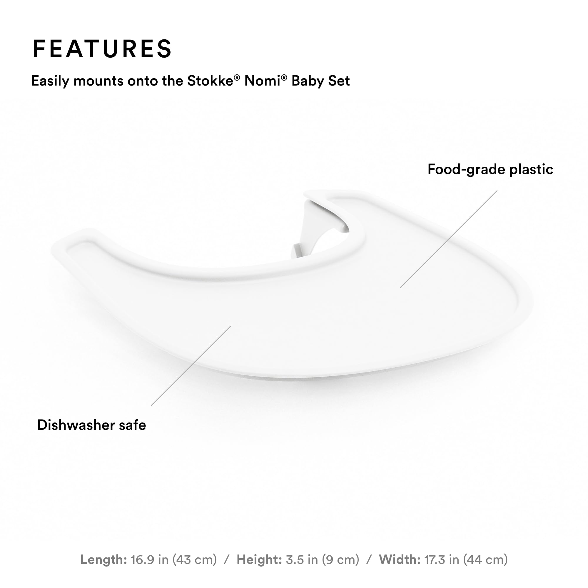 Stokke Tray for Nomi made of dishwasher-safe, food-grade plastic for quick cleanup.