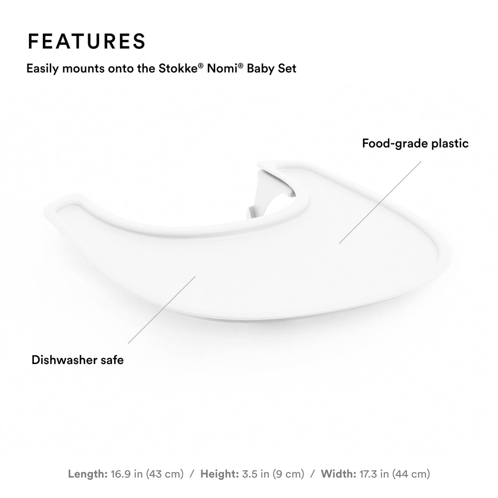 Stokke Tray for Nomi made of dishwasher-safe, food-grade plastic for quick cleanup.