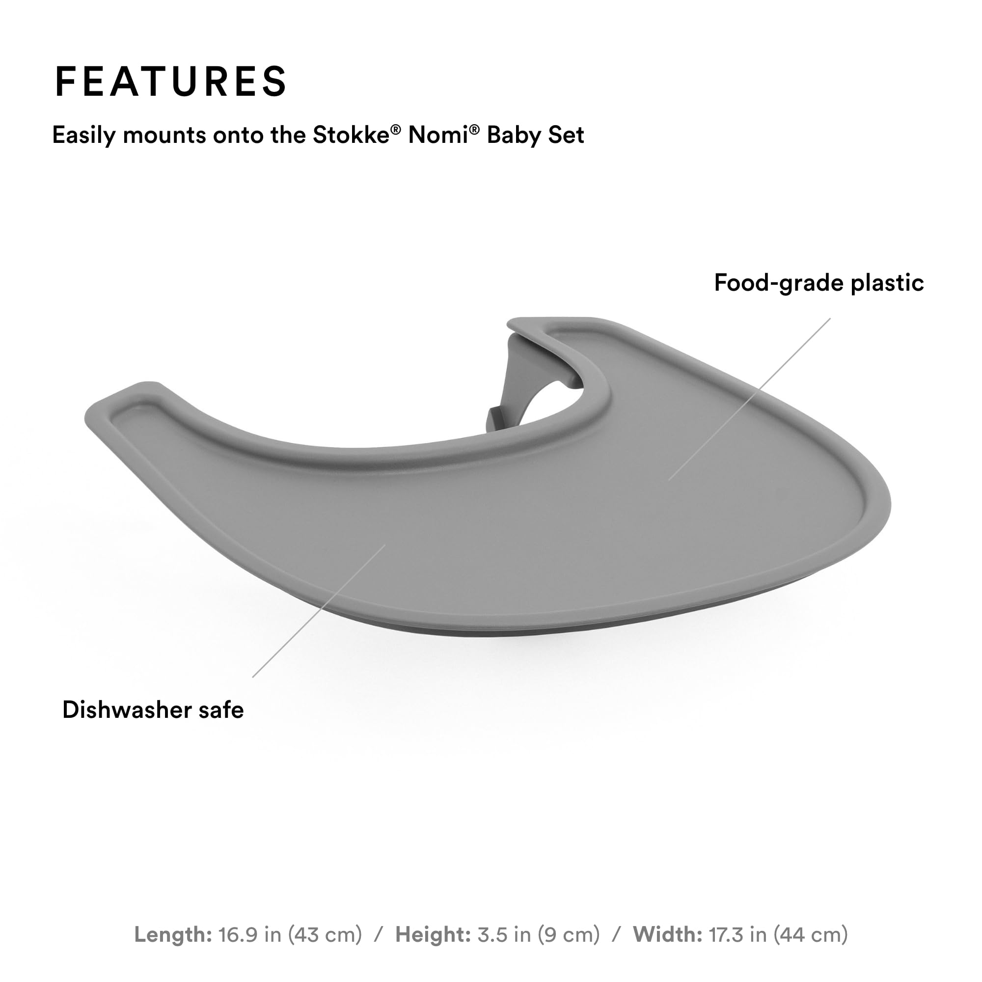 Stokke Nomi Grey Tray shown in dishwasher-safe setup for easy cleanup after feeding