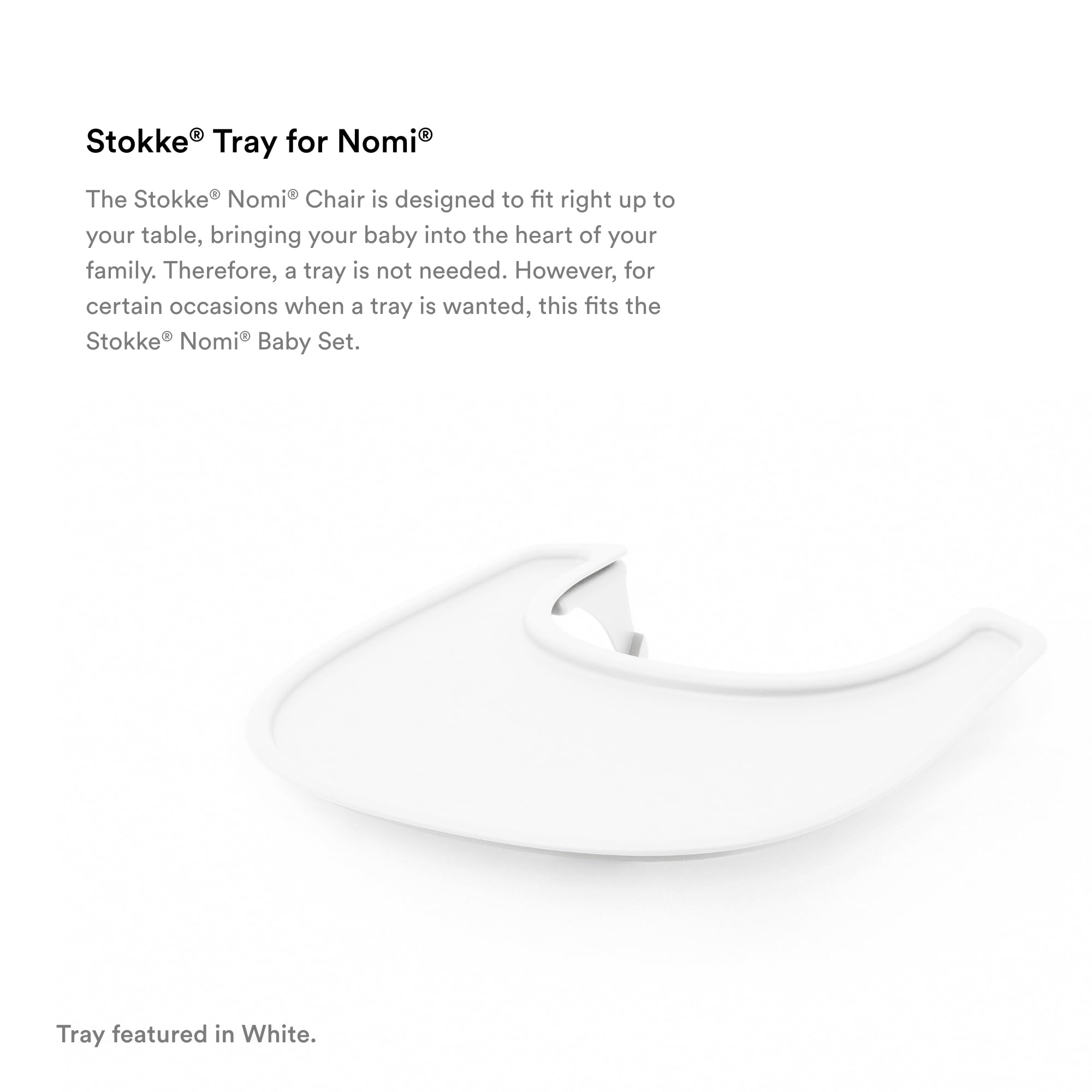 Stokke Tray for Nomi Grey highlighting food-grade plastic for safe, practical mealtime use