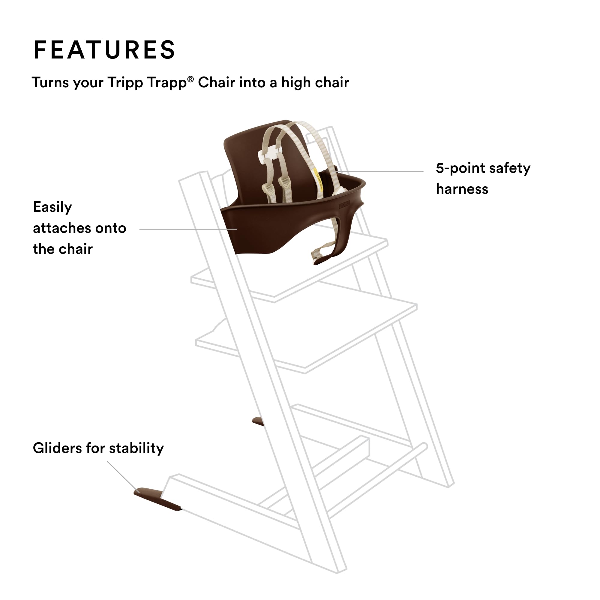Stokke Tripp Trapp Baby Seat harness provides secure 5-point safety for growing babies