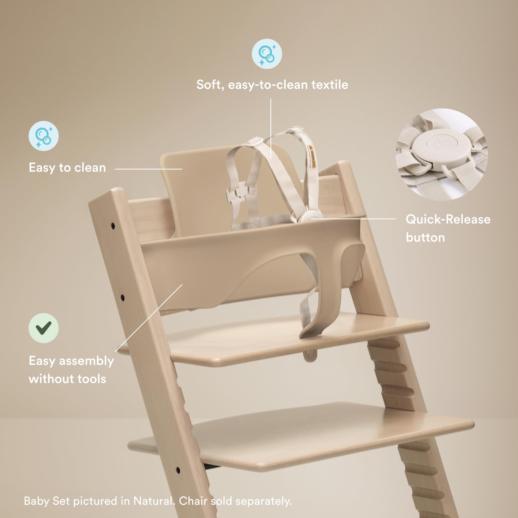 Stokke Harness 2 attachment on Baby Set 2 simplifies securing during meals.