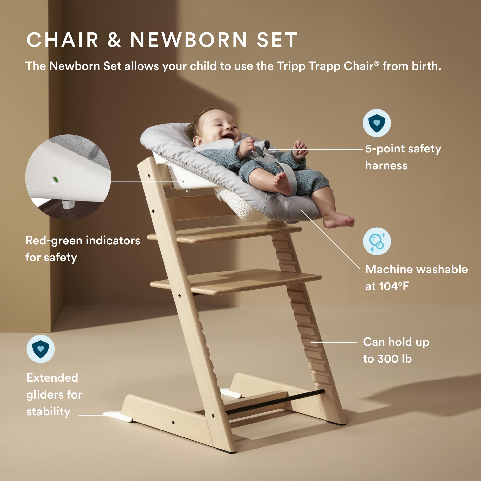 Stokke Tripp Trapp baby set natural attached—secure, easy-to-clean high chair addition.