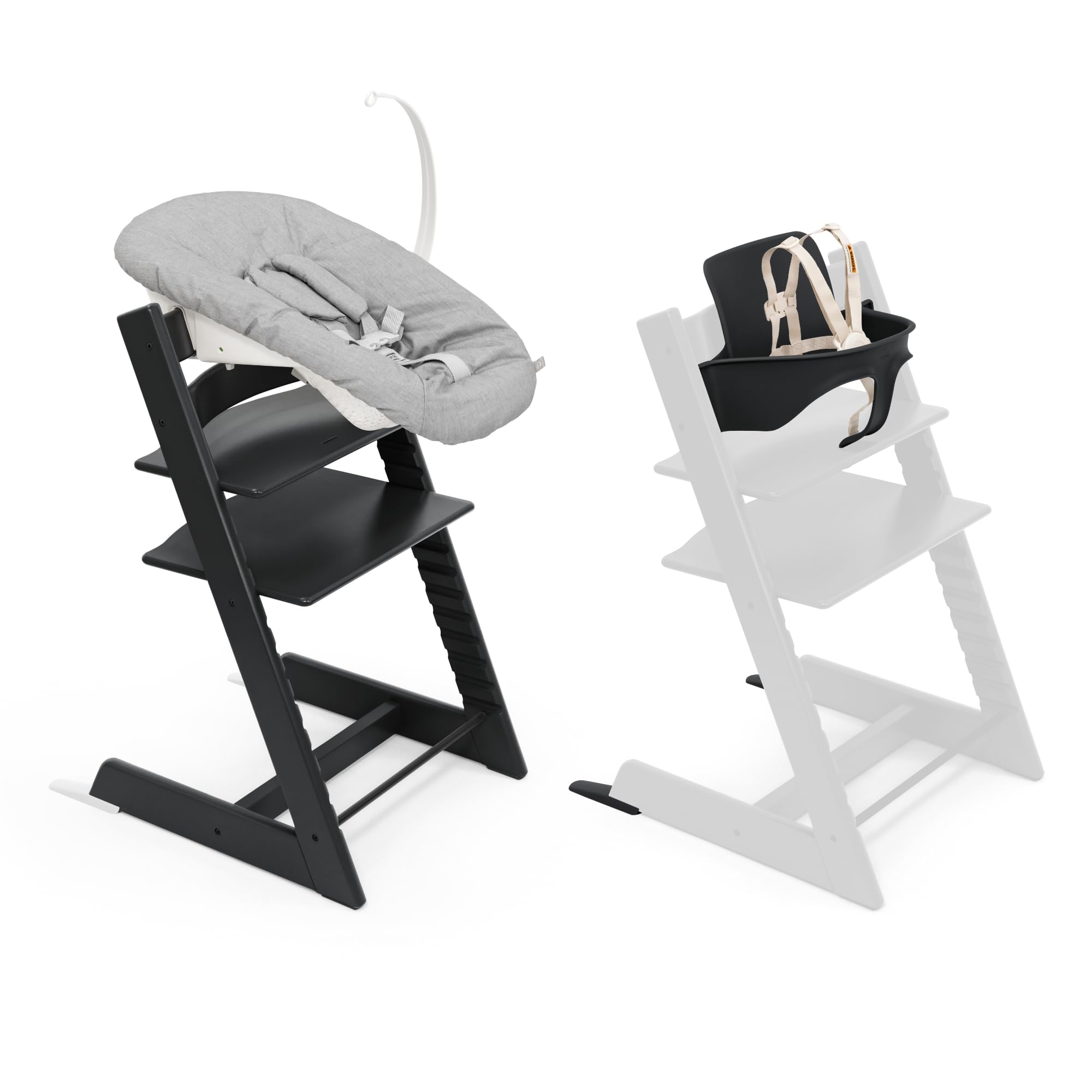 Stokke Tripp Trapp chair black with newborn set, ergonomic seating.