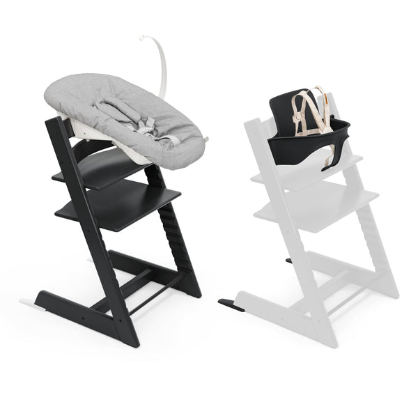 Stokke Tripp Trapp chair black with newborn set, ergonomic seating.