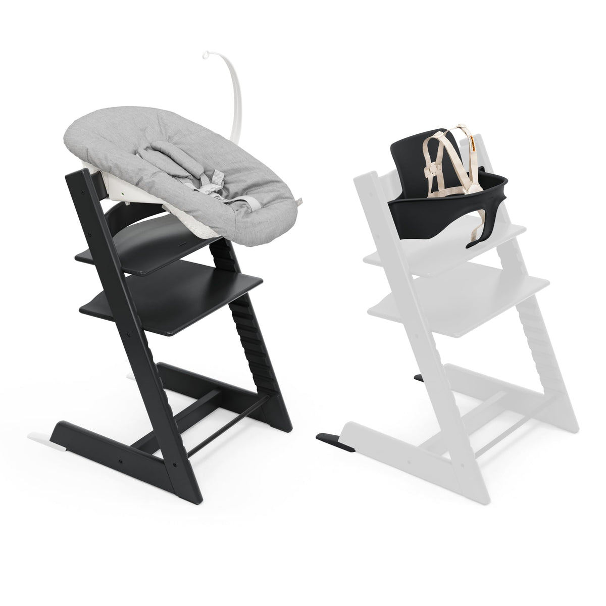 Stokke Tripp Trapp chair black with newborn set, ergonomic seating.