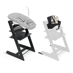 Stokke Tripp Trapp chair black with newborn set, ergonomic seating.