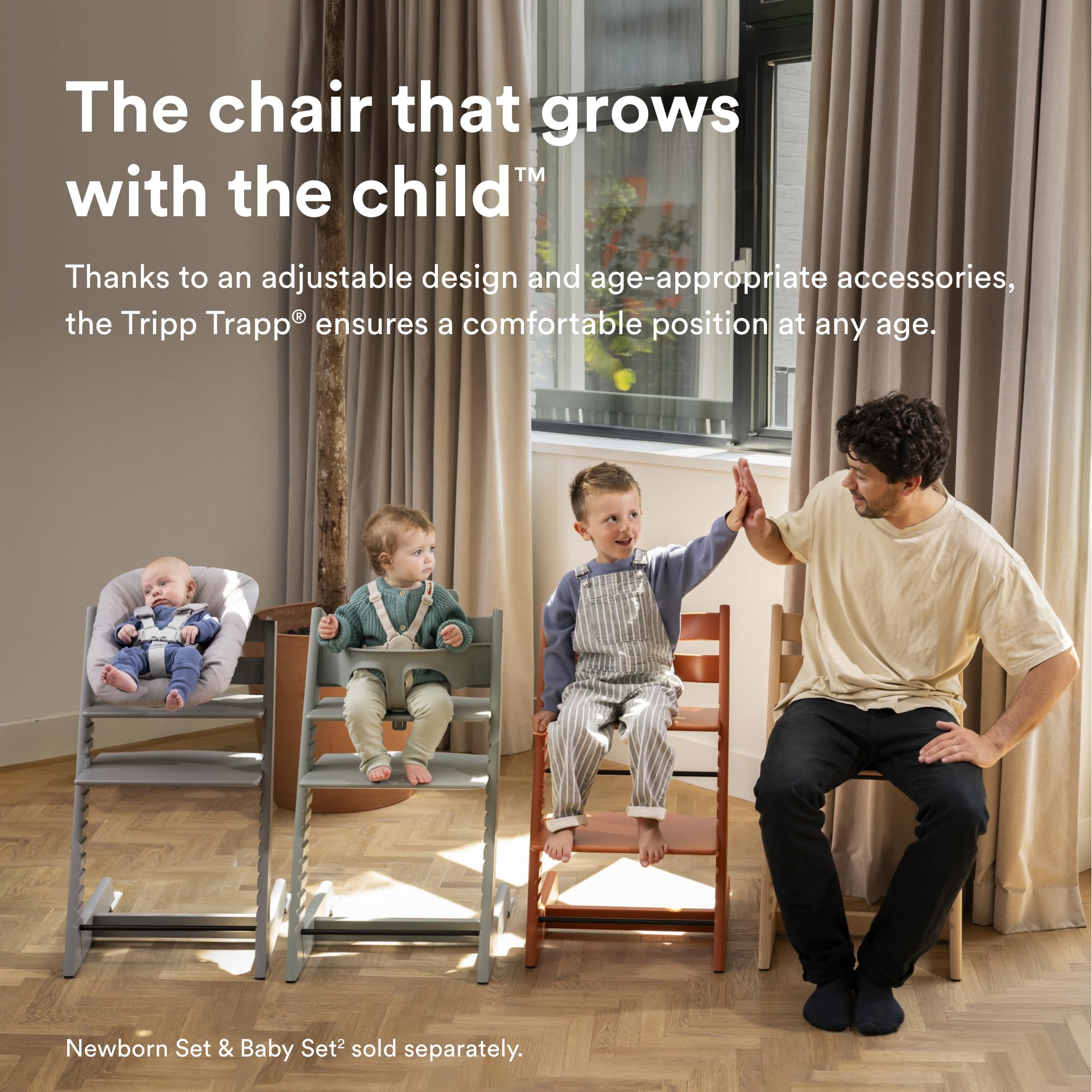 Stokke Tripp Trapp ergonomic setup demonstrates adjustable seat and footplate for growing children.