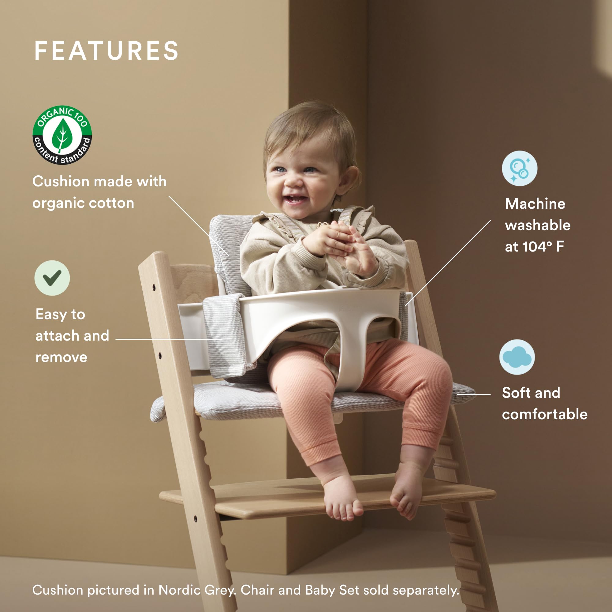 Stokke Tripp Trapp Classic Cushion 2 attaches easily for quick, fuss-free setup