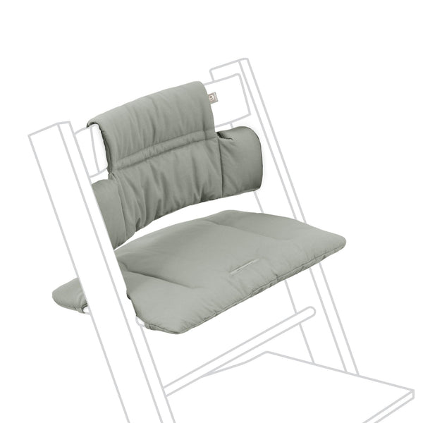 Stokke Tripp Trapp Classic Cushion 2 Glacier Green on chair adds cozy seating for babies.
