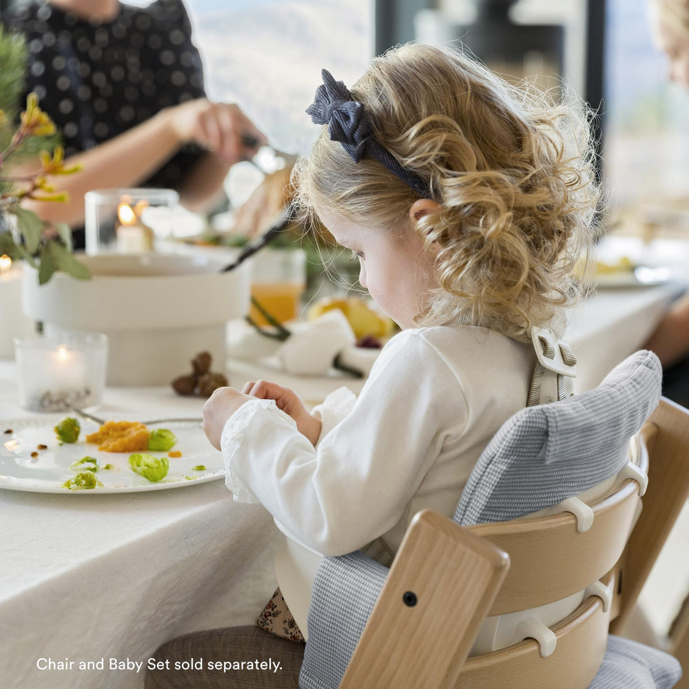 Nordic Blue cushion enhances Tripp Trapp during meal times with cozy fabric