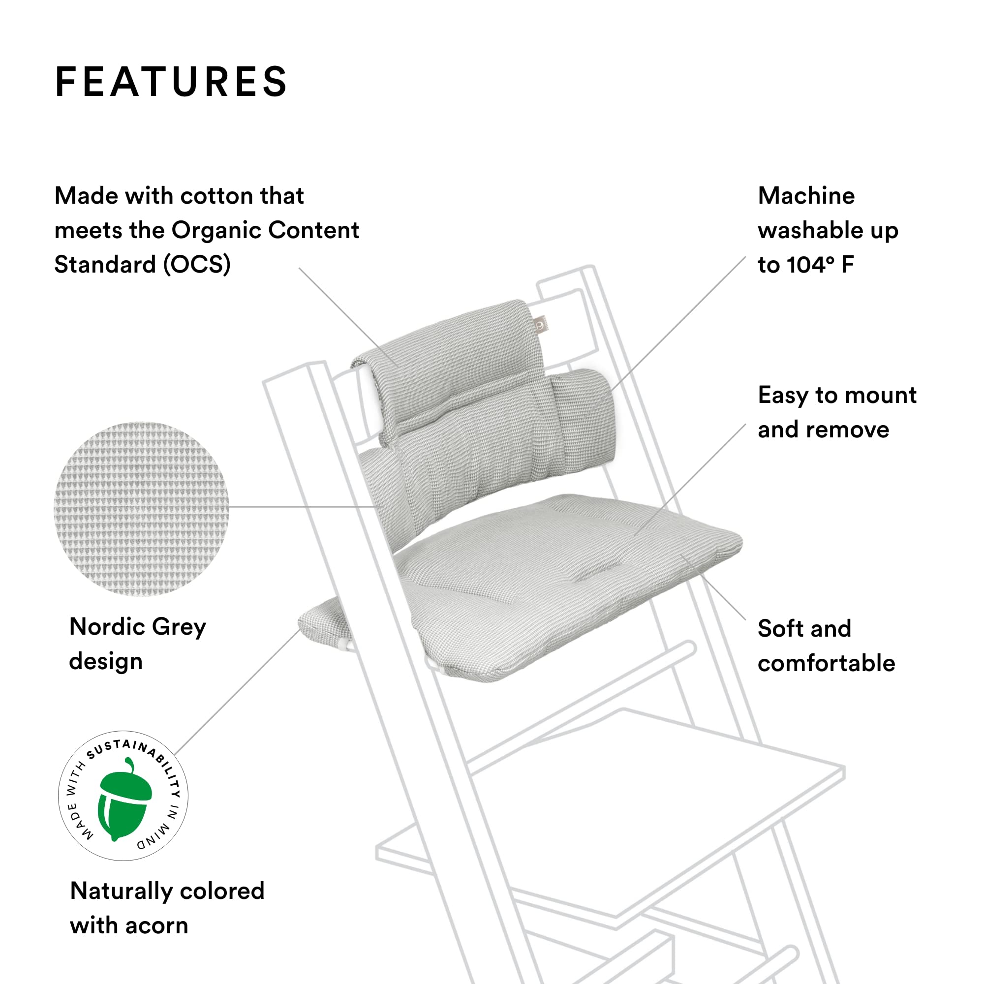 Stokke Tripp Trapp cushion Nordic Grey side view shows easy mounting